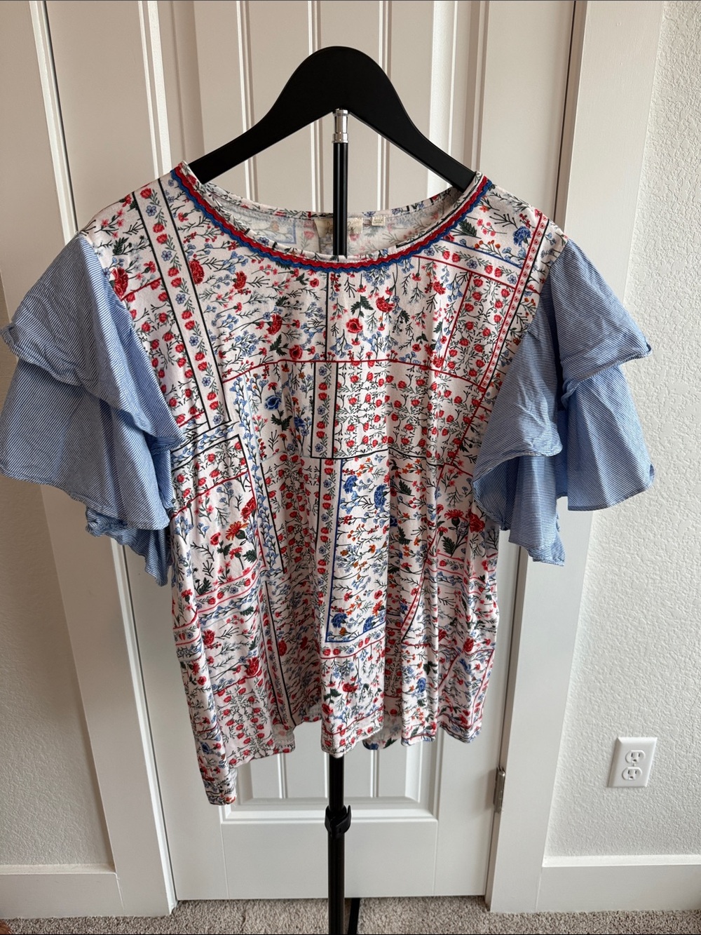 Anthropologie Floral Patchwork Ruffle Sleeve Top - Blue & Red